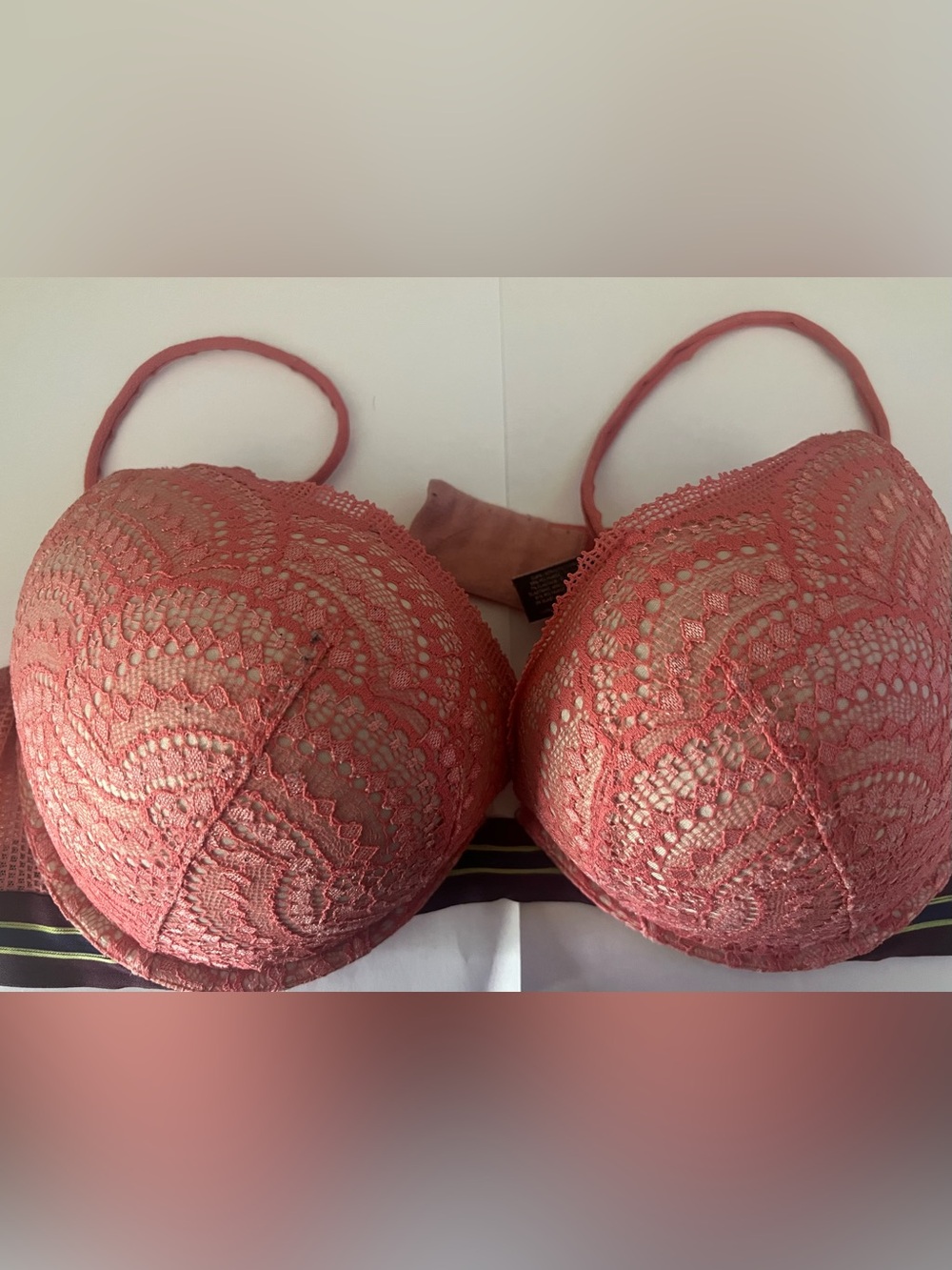 Victoria’s Secret Coral Pink Bombshell Lace Plunge Underwire 38C Bra